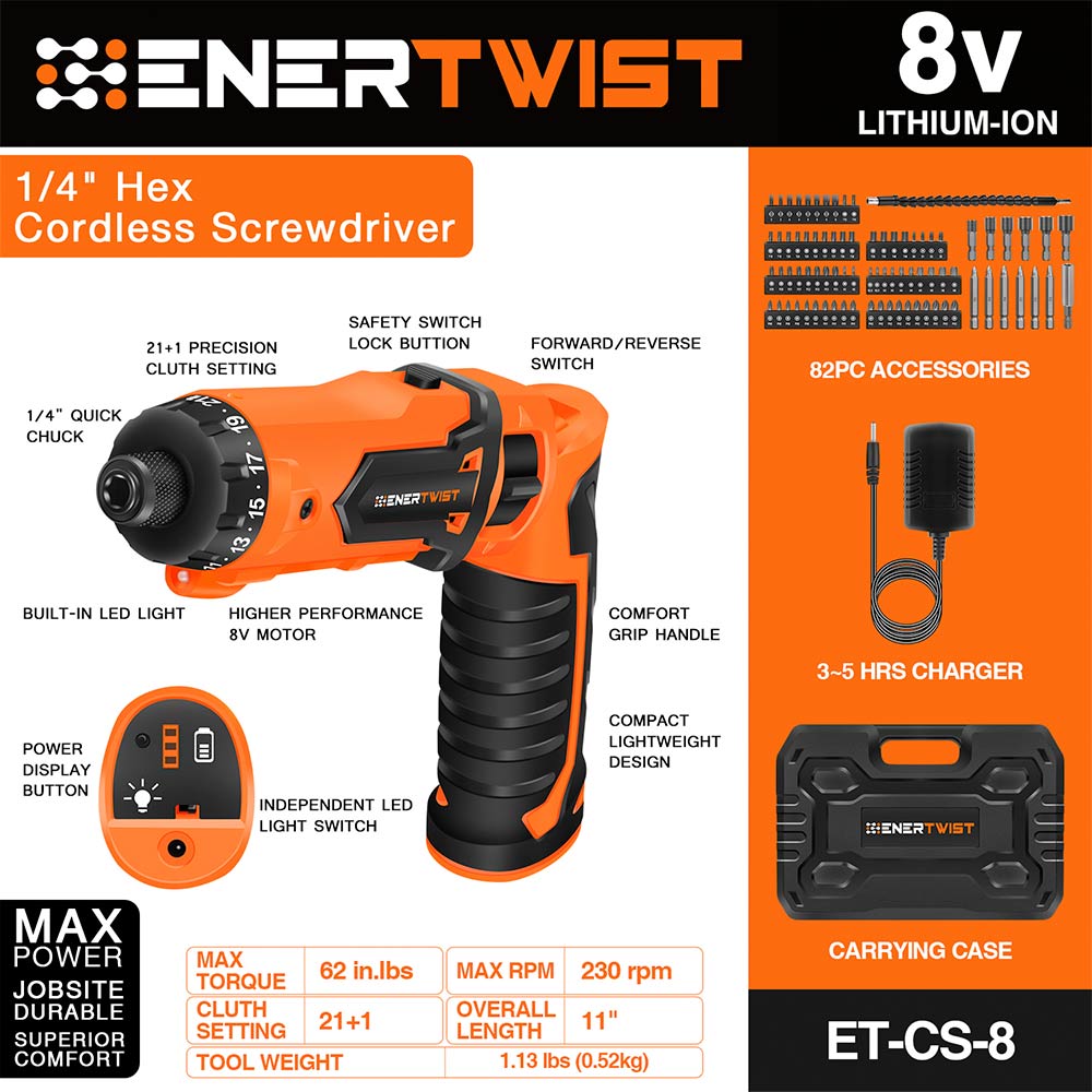 ENERTWIST 8V Electric Cordless Screwdriver - ENERTWIST